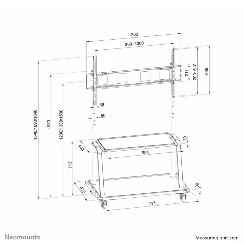 Neomounts NS-M4000Juoda TV vežimėlis 60–105 col., juodas, stacionarus grindų stovas, plienas, 150 kg, 152,4 cm (60 col.), 2,67 m (105 col.)