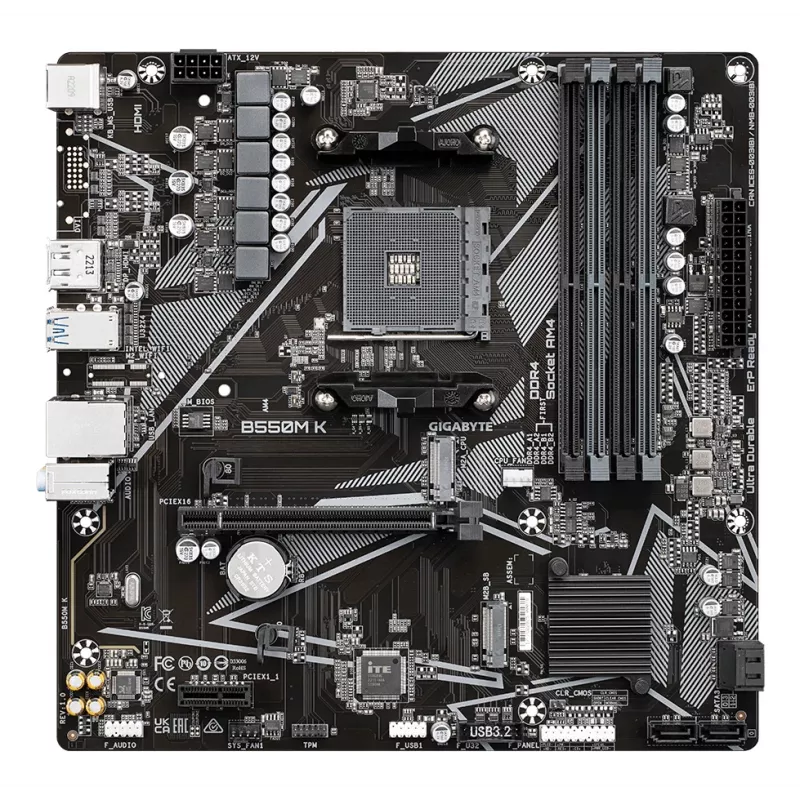 GIGABYTE B550M K pagrindinė plokštė - AMD Ryzen 5000 procesoriai, iki 4733MHz DDR4, 1xPCIe 4.0 + 1xPCIe 3.0 M.2, 1GbE LAN, USB 3.2 Gen 1