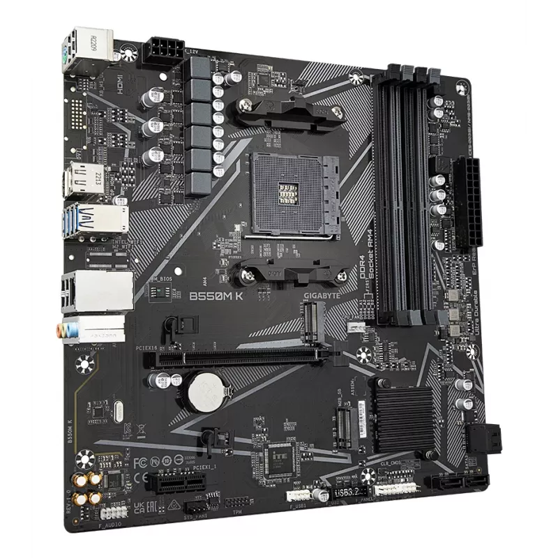 GIGABYTE B550M K pagrindinė plokštė - AMD Ryzen 5000 procesoriai, iki 4733MHz DDR4, 1xPCIe 4.0 + 1xPCIe 3.0 M.2, 1GbE LAN, USB 3.2 Gen 1