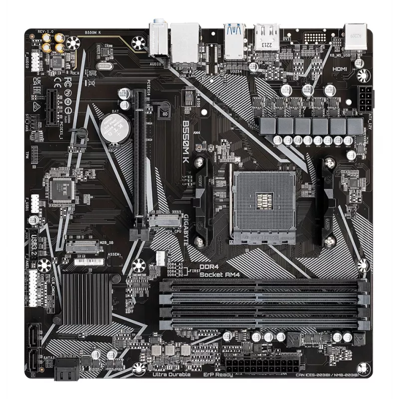 GIGABYTE B550M K pagrindinė plokštė - AMD Ryzen 5000 procesoriai, iki 4733MHz DDR4, 1xPCIe 4.0 + 1xPCIe 3.0 M.2, 1GbE LAN, USB 3.2 Gen 1