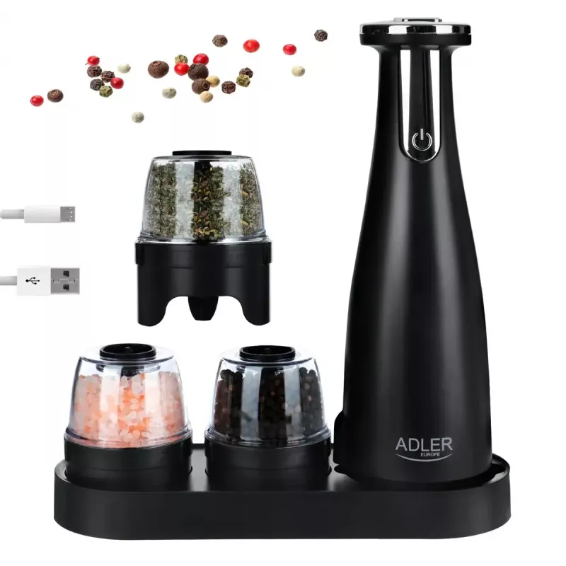 Druskos ir pipirų malūnėlių rinkinys Adler AD 4449B — nerūdijantis plienas/juoda, 150 ml talpa, ličio baterija, 80×80×263 mm