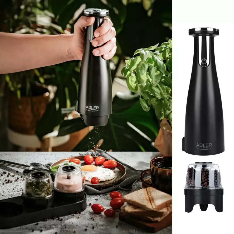 Druskos ir pipirų malūnėlių rinkinys Adler AD 4449B — nerūdijantis plienas/juoda, 150 ml talpa, ličio baterija, 80×80×263 mm