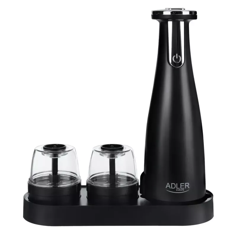 Druskos ir pipirų malūnėlių rinkinys Adler AD 4449B — nerūdijantis plienas/juoda, 150 ml talpa, ličio baterija, 80×80×263 mm