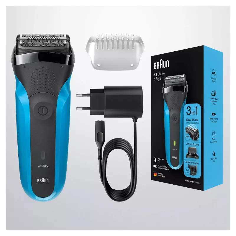 Braun Series 3 310BT elektrinis skustuvas – šlapiam ir sausam skutimuisi skirtas folijos skutiklis su barzdos kirpimo priedais