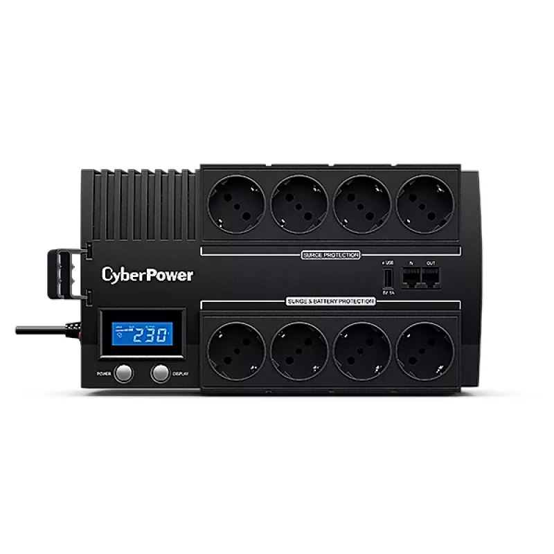 Nepertraukiamo maitinimo šaltinis CYBERPOWER BR1000ELCD — linijinis-interaktyvus UPS 1 kVA / 600 W, 8 lizdai F tipo, USB, stalinis, juodas