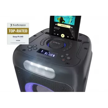 Sharp PS-949 XParty Street Beat vakarėlių garsiakalbis, 132 W, Bluetooth 5.0, įmontuotas akumuliatorius, 12 val. veikimo laikas, IPX4, USB/AUX, LED šviesos šou, juodas