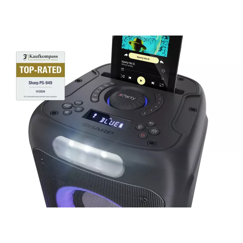 Vakarėlių garsiakalbis Sharp PS-949 — 2.1 kanalai, 132 W PMPO, 8 colių žemų dažnių garsiakalbis, Bluetooth A2DP/AVRCP, laidinis ir belaidis, juodas, plastikinis korpusas