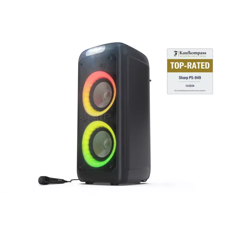 Vakarėlių garsiakalbis Sharp PS-949 — 2.1 kanalai, 132 W PMPO, 8 colių žemų dažnių garsiakalbis, Bluetooth A2DP/AVRCP, laidinis ir belaidis, juodas, plastikinis korpusas