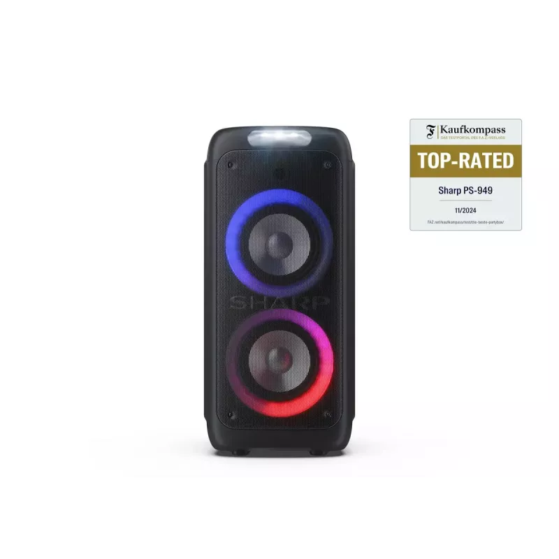 Vakarėlių garsiakalbis Sharp PS-949 — 2.1 kanalai, 132 W PMPO, 8 colių žemų dažnių garsiakalbis, Bluetooth A2DP/AVRCP, laidinis ir belaidis, juodas, plastikinis korpusas
