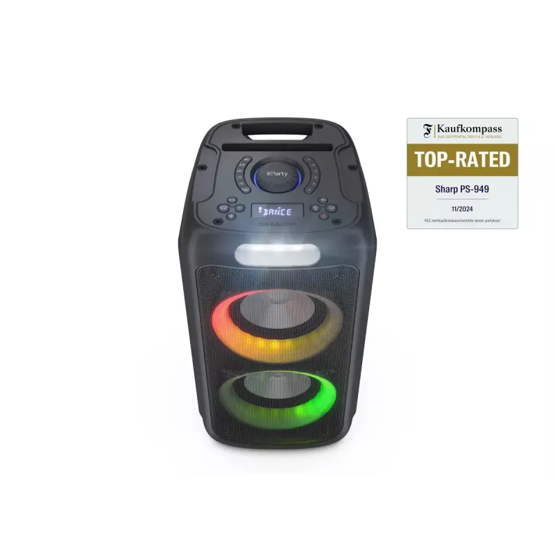 Vakarėlių garsiakalbis Sharp PS-949 — 2.1 kanalai, 132 W PMPO, 8 colių žemų dažnių garsiakalbis, Bluetooth A2DP/AVRCP, laidinis ir belaidis, juodas, plastikinis korpusas