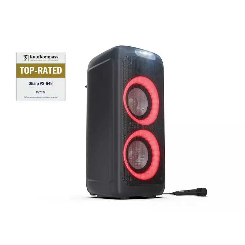 Vakarėlių garsiakalbis Sharp PS-949 — 2.1 kanalai, 132 W PMPO, 8 colių žemų dažnių garsiakalbis, Bluetooth A2DP/AVRCP, laidinis ir belaidis, juodas, plastikinis korpusas