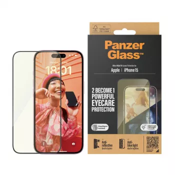 PanzerGlass ® EyeCARE™ ekrano apsauga iPhone 15 | Itin platus pritaikymas su EasyAligner