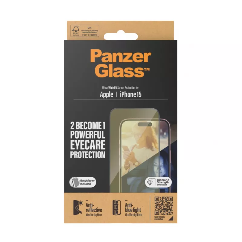 PanzerGlass ® EyeCARE™ ekrano apsauga iPhone 15 | Itin platus pritaikymas su EasyAligner