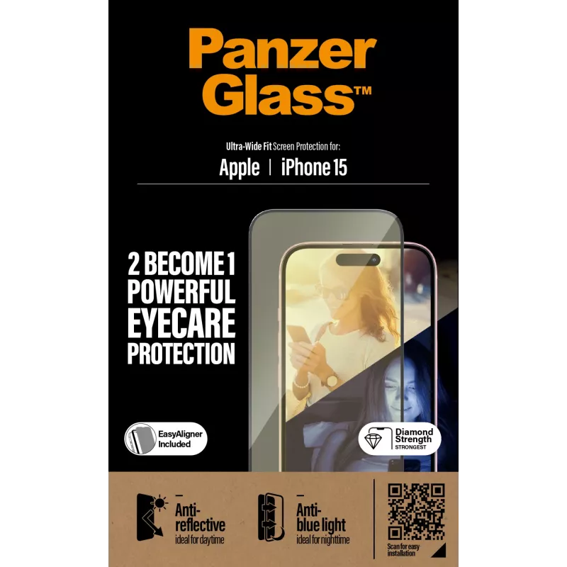 PanzerGlass ® EyeCARE™ ekrano apsauga iPhone 15 | Itin platus pritaikymas su EasyAligner