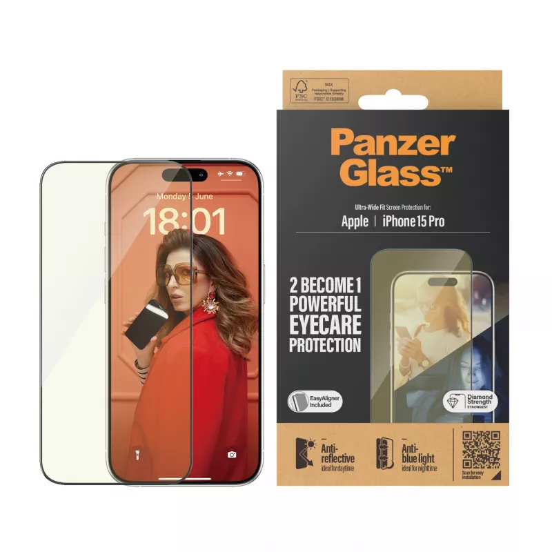 PanzerGlass ® EyeCARE™ ekrano apsauga iPhone 15 Pro | Itin platus pritaikymas su EasyAligner