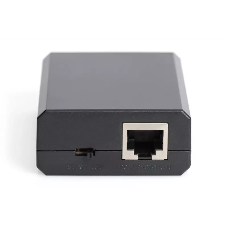 DIGITUS Gigabit PoE+ skirstytuvas, 10/100/1000 Mbps, 24 W įvestis: 802.3at PoE, išvestis: 5V/2A, 9V/2A, 12V/2A, plastikinis korpusas, juodas