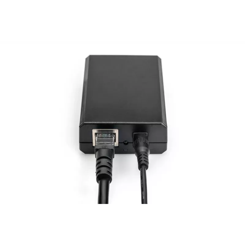 DIGITUS Gigabit PoE+ skirstytuvas, 10/100/1000 Mbps, 24 W įvestis: 802.3at PoE, išvestis: 5V/2A, 9V/2A, 12V/2A, plastikinis korpusas, juodas