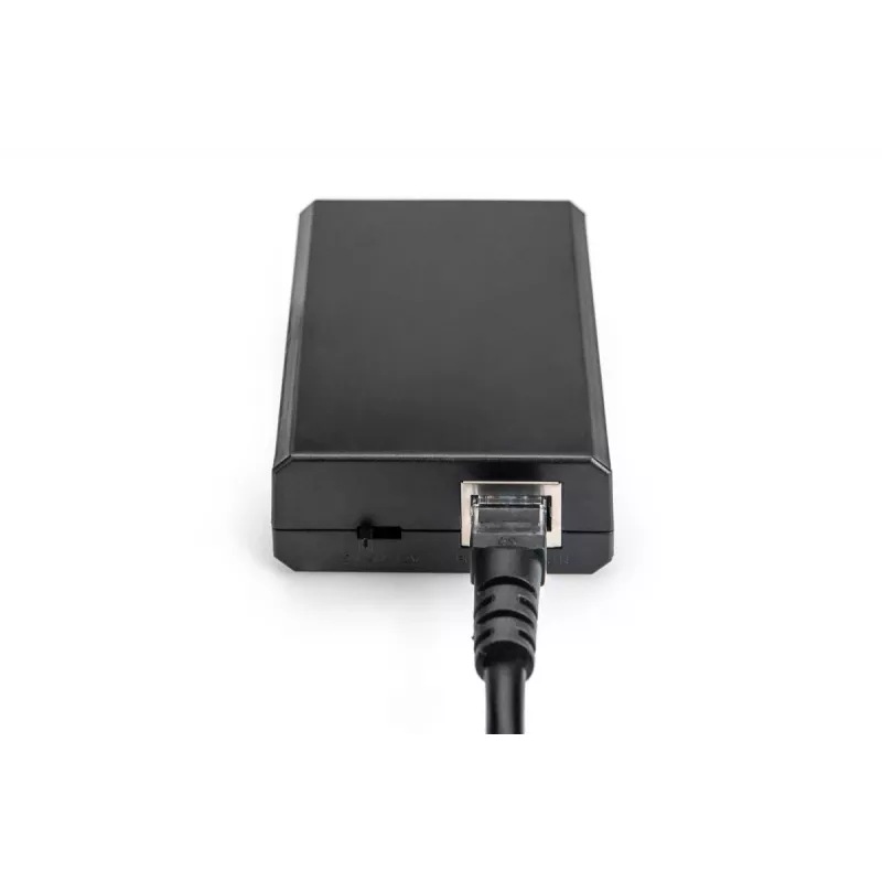 DIGITUS Gigabit PoE+ skirstytuvas, 10/100/1000 Mbps, 24 W įvestis: 802.3at PoE, išvestis: 5V/2A, 9V/2A, 12V/2A, plastikinis korpusas, juodas