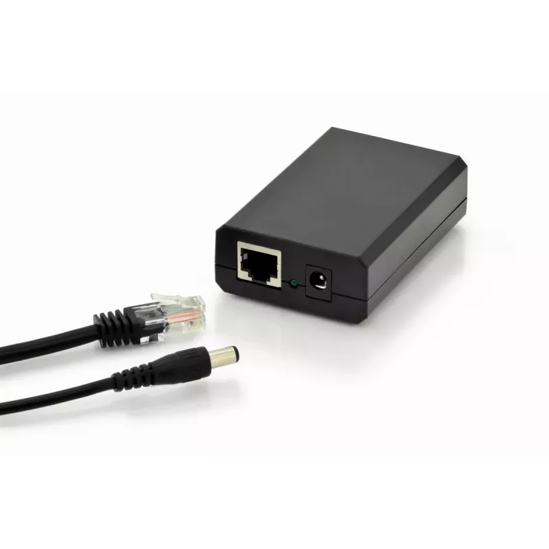DIGITUS Gigabit PoE+ skirstytuvas, 10/100/1000 Mbps, 24 W įvestis: 802.3at PoE, išvestis: 5V/2A, 9V/2A, 12V/2A, plastikinis korpusas, juodas