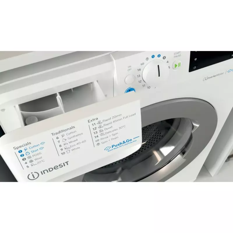 Priekinio įkrovimo skalbimo mašina Indesit BWE 91496X WSV EE — 9 kg, 1400 aps./min, A energijos klasė, balta