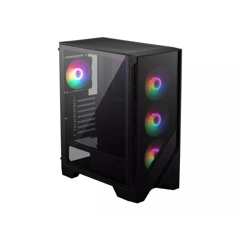 PC korpusas MSI MAG FORGE 120A AIRFLOW Midi Tower — juodas, grūdintas stiklas, tinklelis, 3×120 mm priekiniai ventiliatoriai, 2×120 mm viršutiniai ventiliatoriai, ATX palaikymas