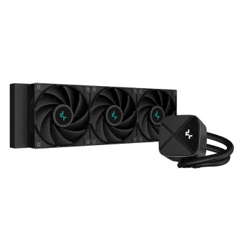 All-in-one skysčio aušintuvas DeepCool LS720S Zero Dark — 3×120 mm ventiliatoriai, 120 mm radiatorius, 41 cm vamzdeliai, 6 W siurblys, LGA1151/AM4/AM5 palaikymas, juodas