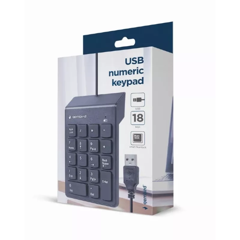 Skaičių klaviatūra GEMBIRD KPD-U-03 USB 18 klavišų, žirkliniai jungikliai, 1,45 m laidas, juoda