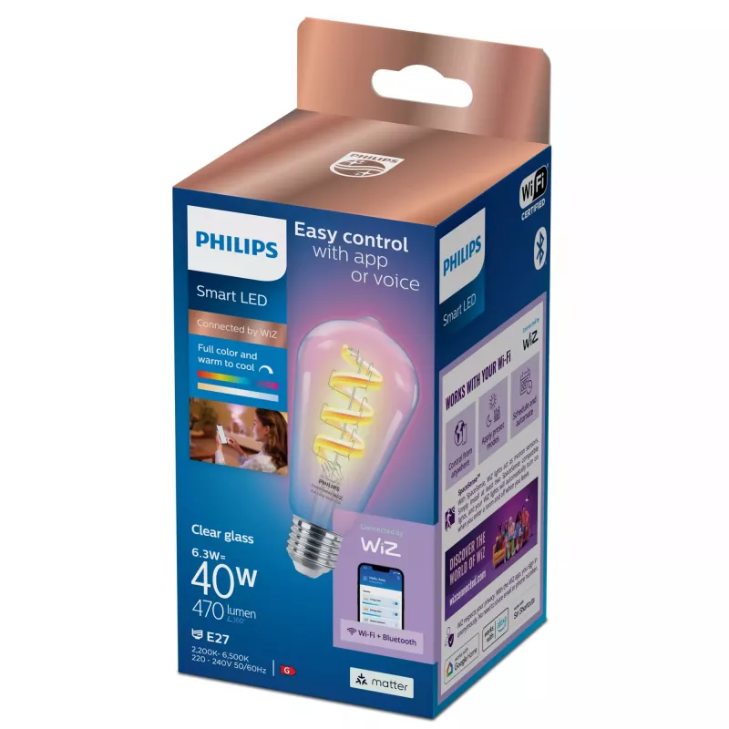 Philips Filament Clear 40 W ST64 E27, išmanioji lemputė, Wi-Fi/Bluetooth, permatoma, Wi-Fi 4 (802.11n), 802.11b, 802.11g, LED, E27