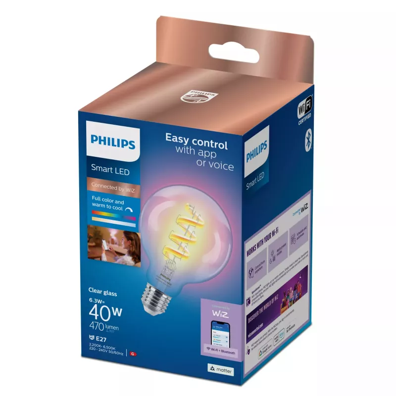 Philips Filament Clear 40 W G95 E27, išmanioji lemputė, Wi-Fi/Bluetooth, permatoma, Wi-Fi 4 (802.11n), 802.11b, 802.11g, LED, E27