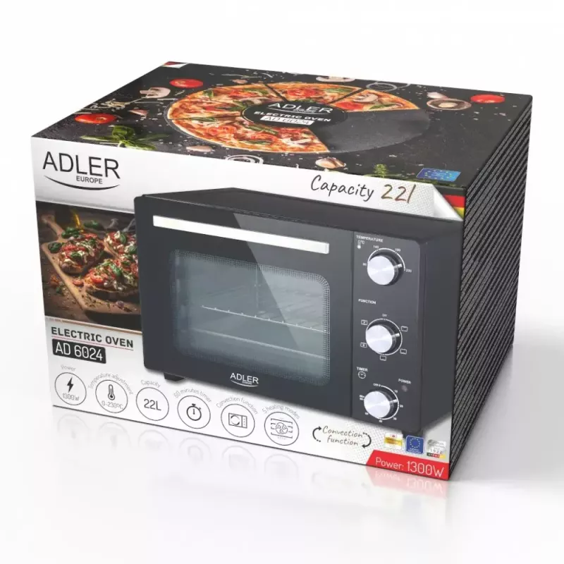 Elektrinė stalinė orkaitė Adler AD 6024 — kompaktiška 22 l talpa, 1300 W, juoda