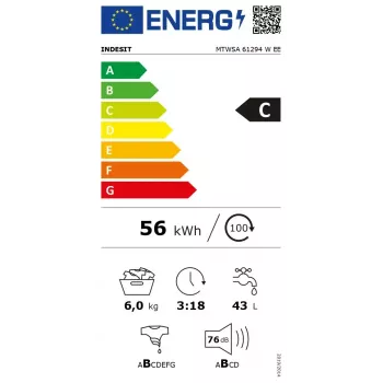Priekinio įkrovimo skalbimo mašina INDESIT MTWSA 61294 W EE, 6 kg, inverterinis variklis, energijos klasė C