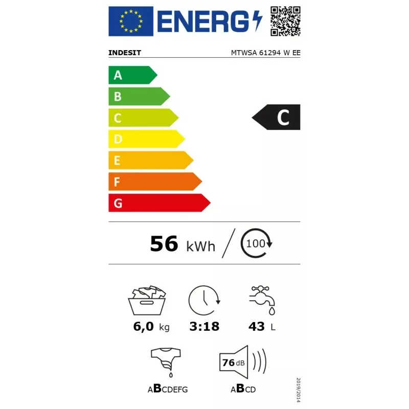 Priekinio įkrovimo skalbimo mašina INDESIT MTWSA 61294 W EE, 6 kg, inverterinis variklis, energijos klasė C