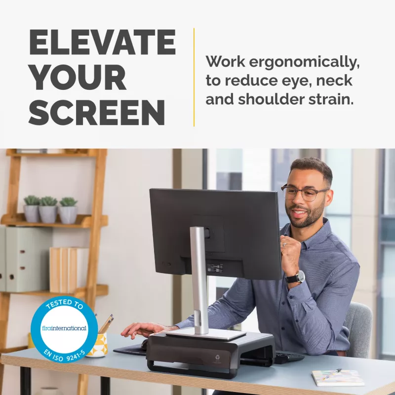 Fellowes kompiuterio monitoriaus stovas su 3 aukščio reguliavimais - Breyta monitoriaus pakyla su kabelių valdymu - ergonomiškas reguliuojamas monitoriaus stovas kompiuteriams - maks. svoris 15 kg - juodas