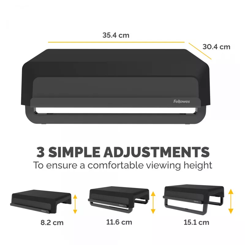 Fellowes kompiuterio monitoriaus stovas su 3 aukščio reguliavimais - Breyta monitoriaus pakyla su kabelių valdymu - ergonomiškas reguliuojamas monitoriaus stovas kompiuteriams - maks. svoris 15 kg - juodas