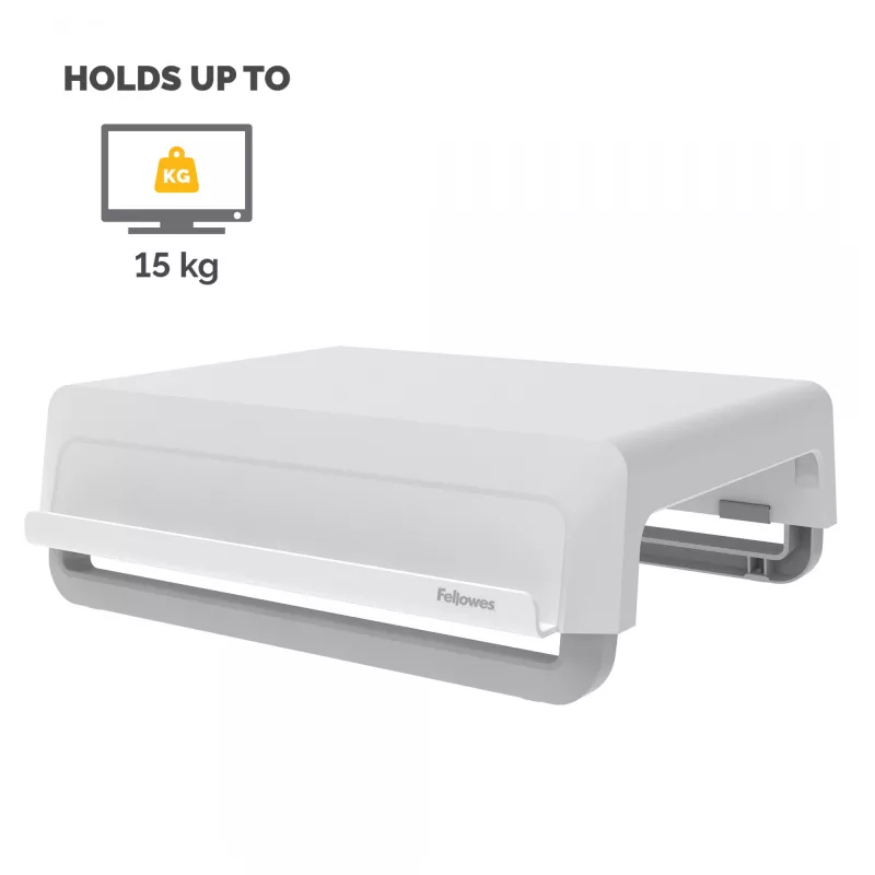 Fellowes kompiuterio monitoriaus stovas su 3 aukščio reguliavimais - Breyta monitoriaus pakyla su kabelių valdymu - ergonomiškas reguliuojamas monitoriaus stovas kompiuteriams - maks. svoris 15 kg - balta