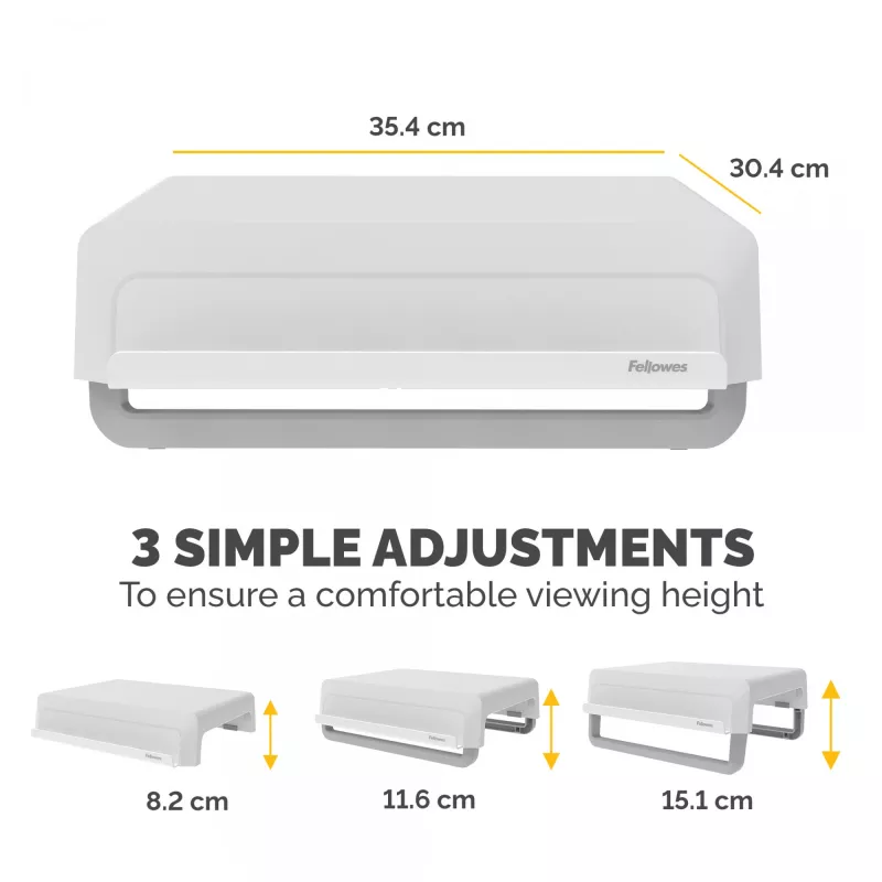 Fellowes kompiuterio monitoriaus stovas su 3 aukščio reguliavimais - Breyta monitoriaus pakyla su kabelių valdymu - ergonomiškas reguliuojamas monitoriaus stovas kompiuteriams - maks. svoris 15 kg - balta