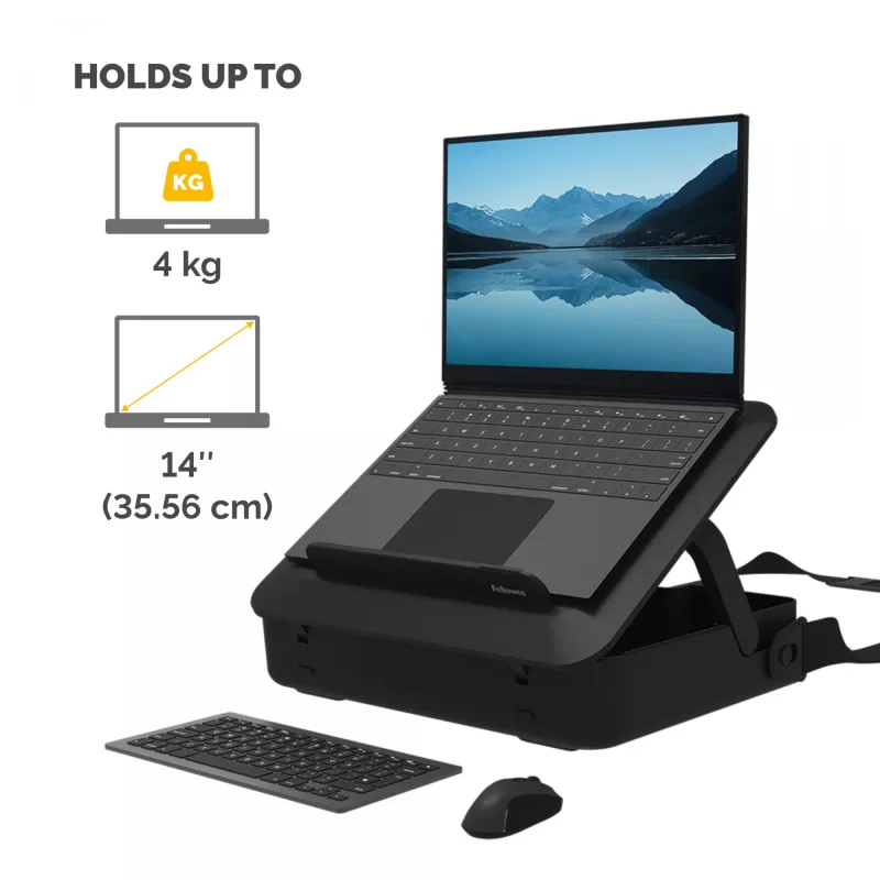 Fellows nešiojamojo kompiuterio nešiojimo dėklas su įmontuotu laptop stovu - Breyta užrakinamas nešiojamojo kompiuterio nešiojimo dėklas hibridiniam darbui ir nešiojamiesiems kompiuteriams iki 14 colių / 4 kg - juodas