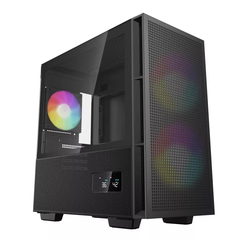 Korpusas DeepCool CH360 DIGITAL Micro Tower, grūdintas stiklas, microATX/Mini-ITX, priekyje 2x140mm, įmontuotas ekranas, USB-C