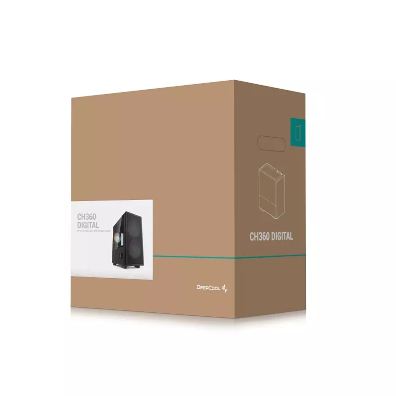Korpusas DeepCool CH360 DIGITAL Micro Tower, grūdintas stiklas, microATX/Mini-ITX, priekyje 2x140mm, įmontuotas ekranas, USB-C