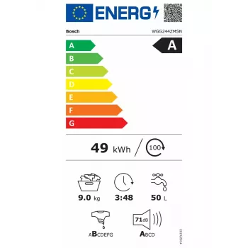 Skalbimo mašina Bosch WGG244ZMSN, priekinio įkrovimo, 9 kg, energijos klasė A
