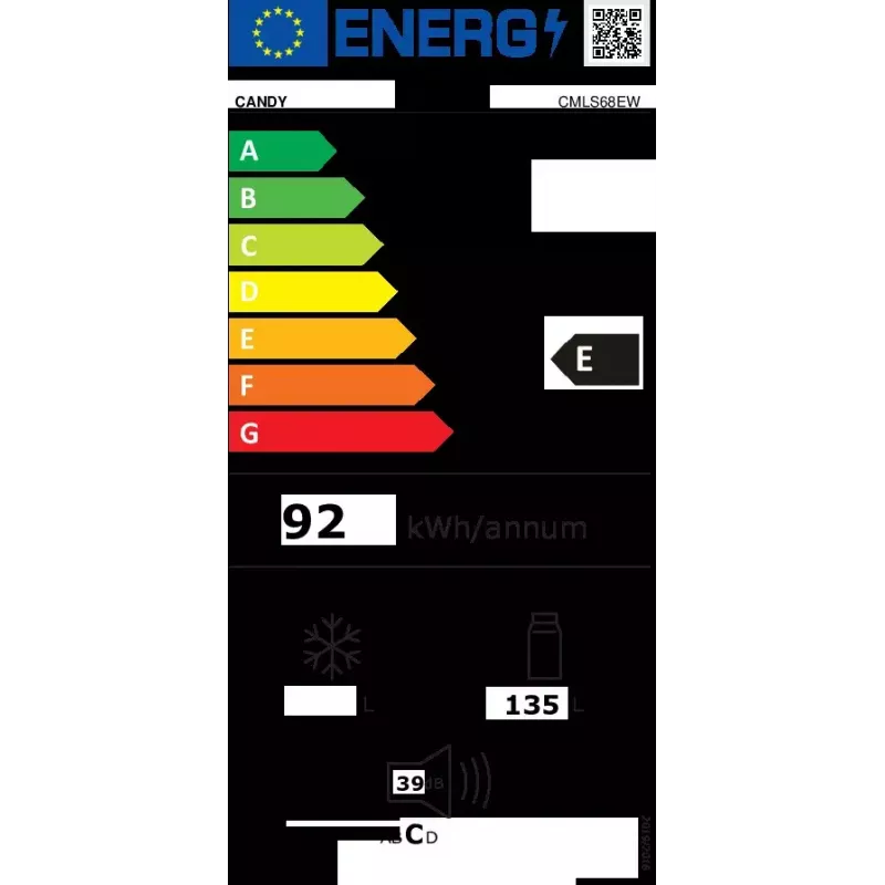 Įmontuojamas šaldytuvas CANDY CMLS68EW — 135 L neto, statinis aušinimas, sukimo valdymas, dešinės pusės durys, 39 dB, energijos klasė E