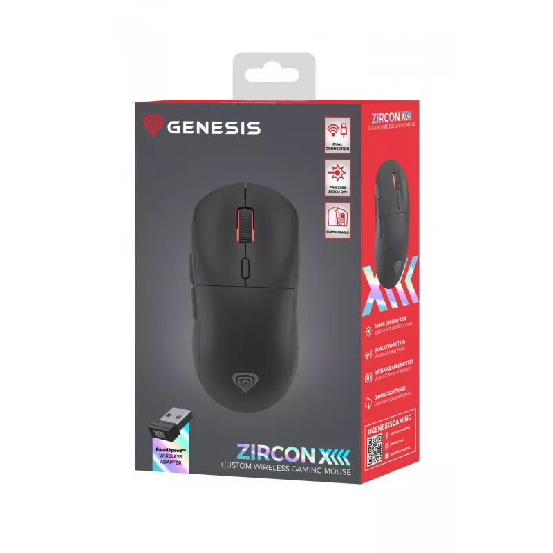 GENESIS Zircon XIII pelė žaidimams Ambidextrous RF Wireless + USB Type-C Optinė 26000 DPI