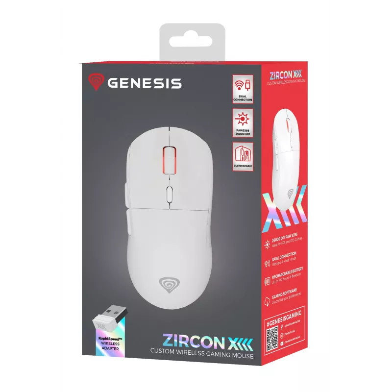 GENESIS Zircon XIII pelė žaidimams Ambidextrous RF Wireless + USB Type-C Optinė 26000 DPI