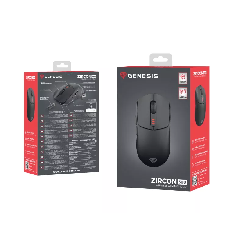 GENESIS Zircon 500 pelė žaidimams Dešinei rankai RF Wireless + Bluetooth + USB Type-C Optinė 10000 DPI