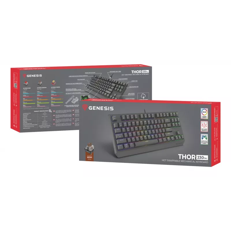 Mechaninė žaidimų klaviatūra Genesis Thor 230 TKL — Tenkeyless, US QWERTY, Outemu Brown jungikliai, RGB, 1000 Hz, USB