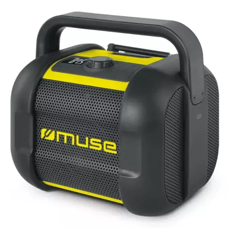 Statybinis radijas Muse M-968 BTY — analoginis FM, 40 W RMS, Bluetooth 10 m, atsparus dulkėms/smūgiams, juodai geltonas