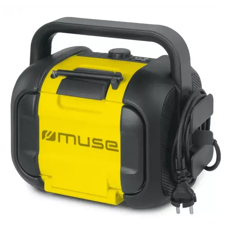 Statybinis radijas Muse M-968 BTY — analoginis FM, 40 W RMS, Bluetooth 10 m, atsparus dulkėms/smūgiams, juodai geltonas