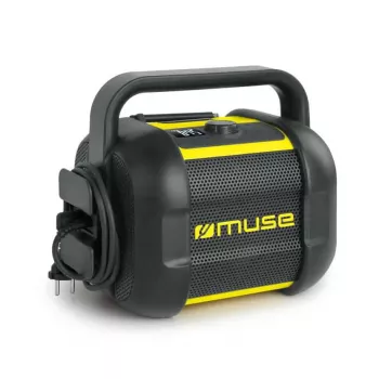 Statybinis radijas Muse M-968 BTY — analoginis FM, 40 W RMS, Bluetooth 10 m, atsparus dulkėms/smūgiams, juodai geltonas