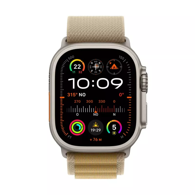 Apple Watch Ultra 2 išmanusis laikrodis su GPS ir mobiliojo ryšio funkcija, 49 mm, natūralaus titano korpusas, rusvas Alpine Loop, M