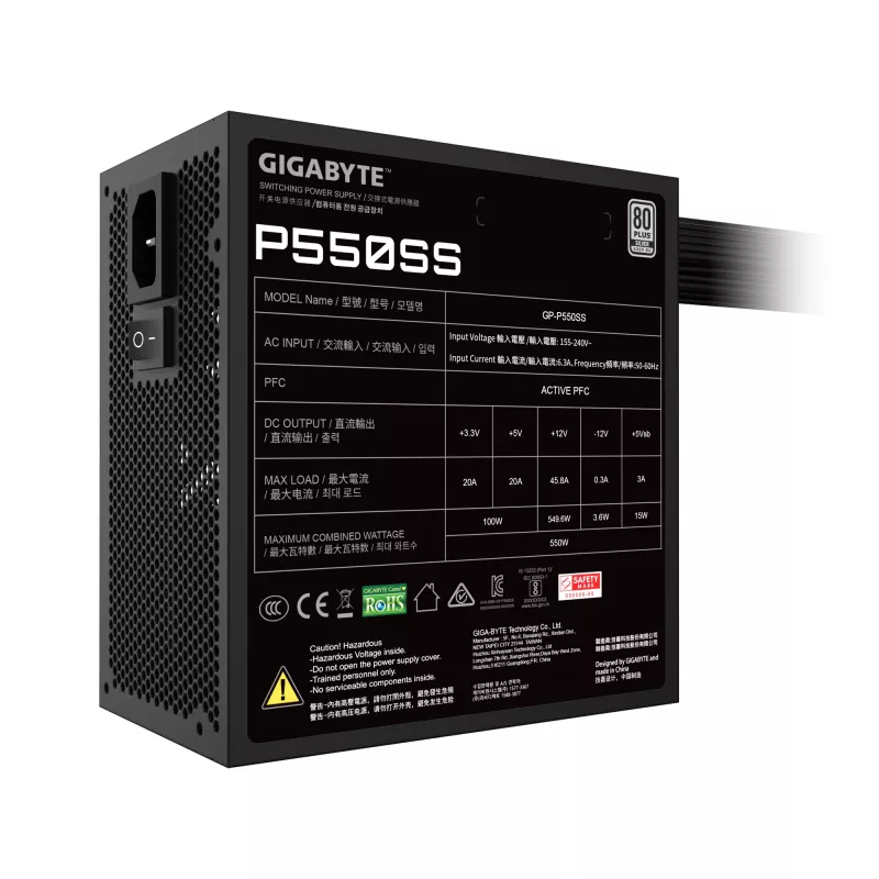 GIGABYTE P550SS Maitinimo blokas - PCIe 5.0, 80 PLUS Silver, 120 mm ventiliatorius, suderinamas su ATX 3.0, EU kištukas